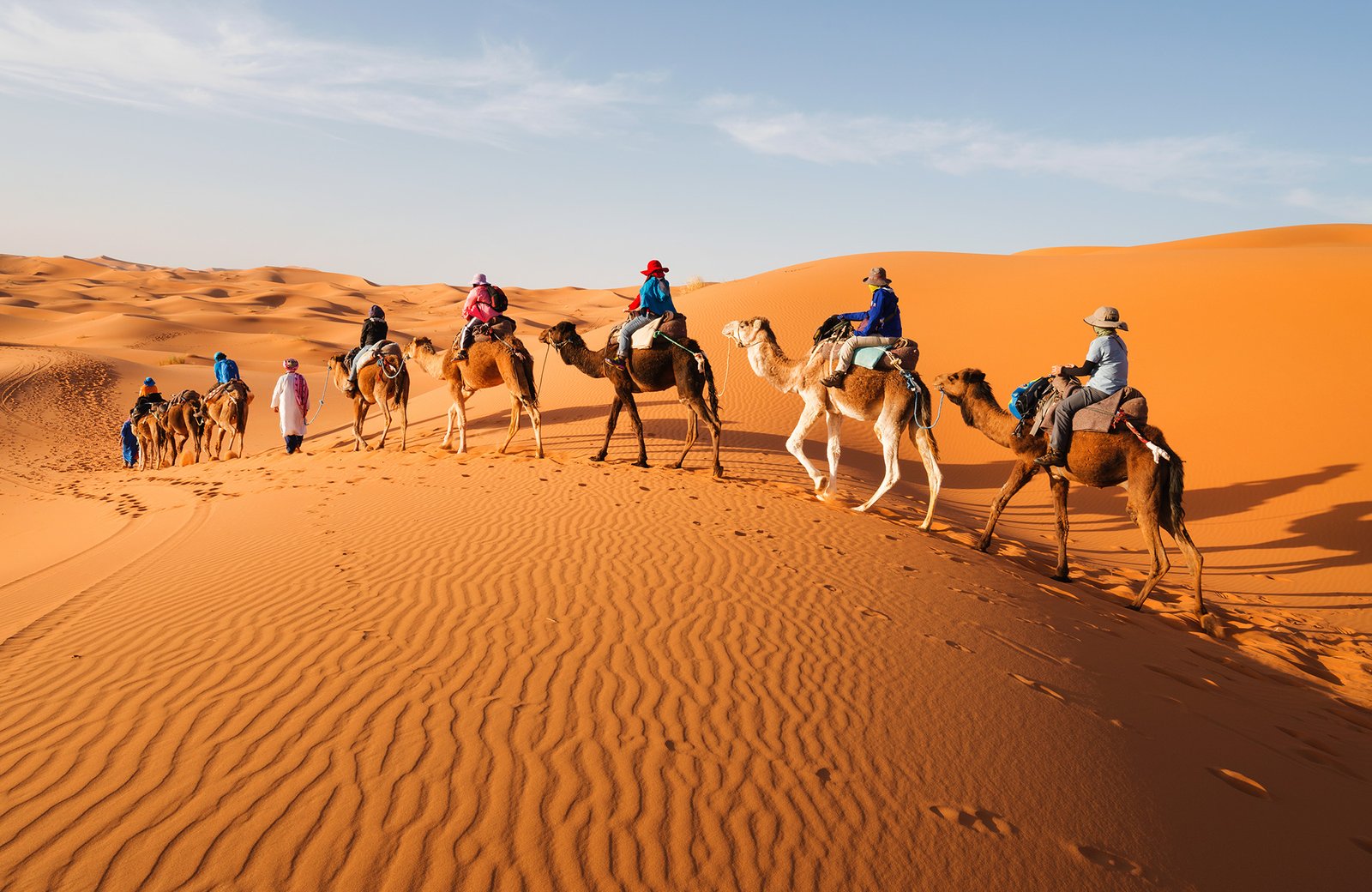 Family riding camels in the Sahara Desert during a Morocco travel package