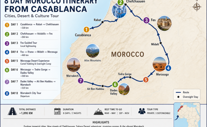 8 day Morocco itinerary map from Casablanca Morocco holiday with children