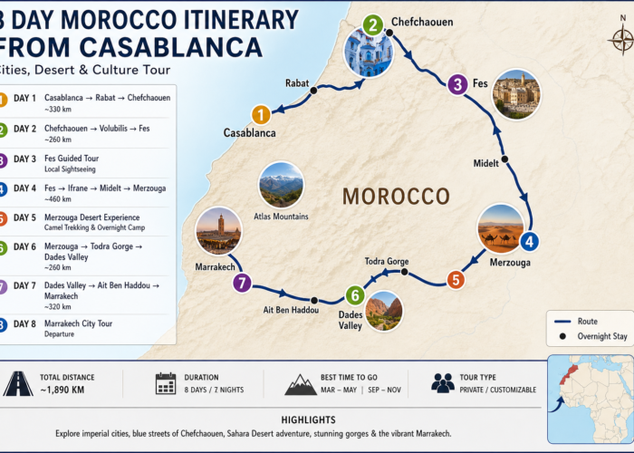 8 day Morocco itinerary map from Casablanca Morocco holiday with children