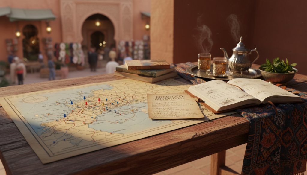 A beautifully arranged Morocco travel itinerary laid out on a rustic wooden table. In the foreground, a detailed map of Morocco with colorful markers indicating key destinations like Marrakech, Fes, and the Sahara Desert. Next to the map, an elegant notebook with handwritten notes about different itinerary lengths, alongside traditional Moroccan tea in ornate glasses, evoking a warm and inviting atmosphere. In the middle, soft lighting highlights the warm tones of the table, with a vibrant textile from Morocco draping the side, featuring intricate patterns. In the background, a blurred view of Moroccan architecture, such as a riad or souk, creating a sense of place and adventure. The overall mood is inspiring and reflective, inviting viewers to explore their ideal itinerary in Morocco.