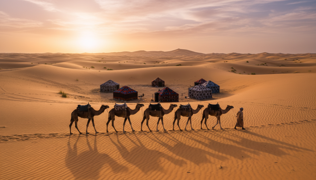 A breathtaking view of the Sahara Desert in Morocco during sunset, showcasing expansive golden dunes that ripple under the warm, glowing light. In the foreground, a caravan of camels with a guide in modest casual clothing leads through the sand, their silhouettes casting long shadows. The middle ground features a small cluster of traditional Berber tents, adding cultural context and vibrant colors against the golden backdrop. The background reveals distant dunes and a sky painted with soft hues of orange, pink, and purple, enhancing the magical atmosphere. The scene is captured with a wide-angle lens to emphasize the vastness, with soft, diffused lighting creating a serene and inviting mood, perfect for inviting travelers to experience the beauty of Morocco's desert landscape.
