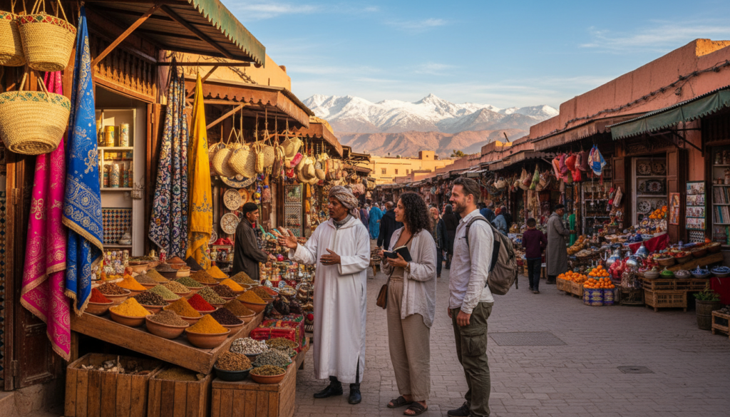 A picturesque scene depicting a guided excursion in Morocco, showcasing a diverse group of travelers exploring the vibrant streets of Marrakech. In the foreground, three travelers in modest casual clothing, including a local guide in traditional attire, discuss the beauty of the marketplace filled with colorful spices and fabrics. The middle ground features vivid market stalls brimming with artisan goods and fresh produce, with intricately tiled architecture in warm earth tones. In the background, the majestic Atlas Mountains rise against a bright blue sky. The lighting is warm and inviting, suggesting a late afternoon sun, with soft shadows that enhance the rich textures. The atmosphere is lively and adventurous, inviting viewers to immerse themselves in the essence of Moroccan culture and travel.
