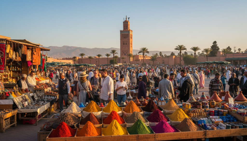 A vibrant Moroccan vacation destination scene featuring a bustling market in Marrakech. In the foreground, colorful spices and textiles are displayed on wooden stalls, creating a rich tapestry of reds, yellows, and greens. In the middle ground, a diverse group of tourists, dressed in casual but modest clothing, interacts with local vendors, admiring handcrafted goods. The background showcases the iconic Koutoubia Mosque against a clear blue sky, framed by swaying palm trees and the distant foothills of the Atlas Mountains. The warm, golden light of late afternoon bathes the scene, evoking a sense of adventure and cultural immersion. The atmosphere is lively and inviting, perfect for showcasing Morocco as an ideal vacation destination.