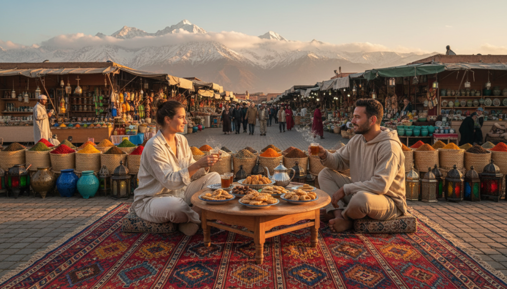 A vibrant and immersive scene showcasing the essence of a "Morocco Grand Tour." In the foreground, a traditional Berber rug sprawls, adorned with intricate geometric patterns. A couple, dressed in modest casual clothing, is enjoying a steaming cup of mint tea over a beautifully set low table filled with Moroccan pastries. The middle ground features a lively souk, with stalls brimming with colorful spices, handmade ceramics, and lanterns. In the background, the majestic Atlas Mountains rise dramatically, partially shrouded in wispy clouds. The scene is bathed in warm, golden sunlight, casting long shadows and creating a welcoming atmosphere. The image should capture the rich textures, vibrant colors, and cultural richness of Morocco, inviting viewers to experience the journey. Use a wide-angle lens to enhance the depth and vibrancy of the landscape.