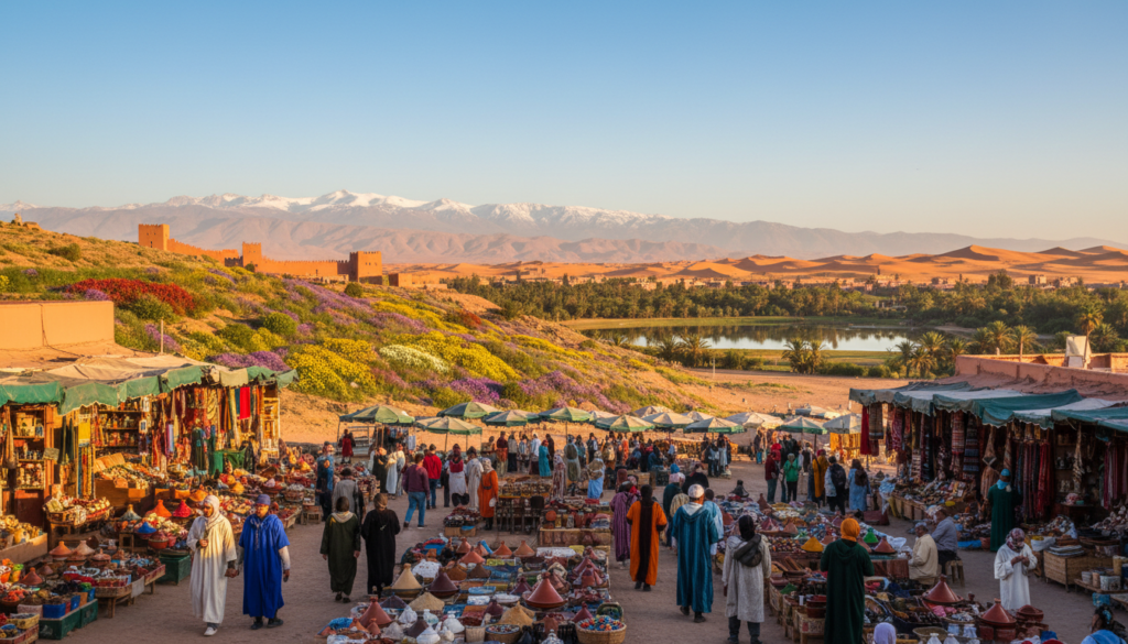 A vibrant depiction of Morocco's travel seasons, showcasing the diverse landscapes and rich culture throughout the year. In the foreground, a sunlit marketplace bustling with travelers and local artisans wearing modest, colorful clothing. In the middle, the picturesque Atlas Mountains rise majestically under a clear blue sky, while patches of blooming wildflowers hint at spring. The background features the iconic red walls of Marrakech, contrasting beautifully with the warm desert sands and an oasis glistening under the golden sun. The lighting is soft and warm, evoking a welcoming atmosphere. A low angle captures the beauty of the scene, ensuring a focus on the lively details and stunning landscapes, celebrating the essence of a Moroccan getaway throughout all seasons.