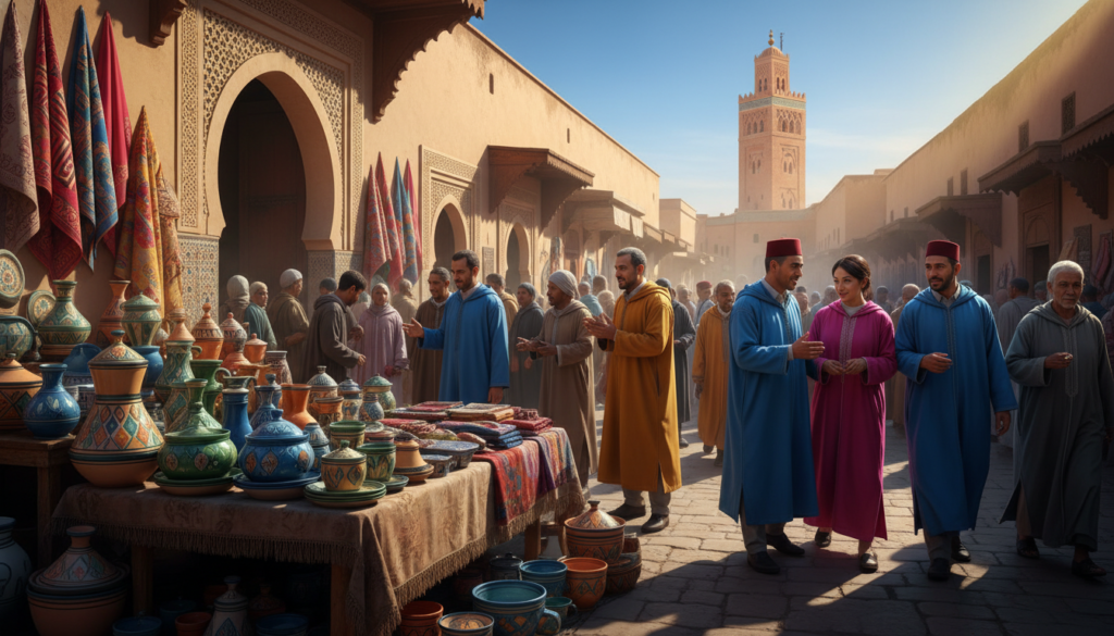 A vibrant scene of Marrakech Medina, showcasing its rich historical tapestry. In the foreground, intricately designed pottery and colorful textiles spread across a bustling market stall. The middle ground features lively Moroccan locals dressed in modest, colorful attire, engaging in trade and conversation, their expressions vivid with enthusiasm. The ancient architecture of the Medina rises elegantly, adorned with ornate tile work and arched doorways. The background is framed by the iconic Koutoubia Mosque, its minaret reaching for the blue sky. Soft, warm sunlight filters through, casting inviting shadows and enhancing the earthy tones of the buildings. The atmosphere is infused with a sense of adventure and cultural vibrancy, beckoning travelers to dive into the heart of Morocco's rich heritage.