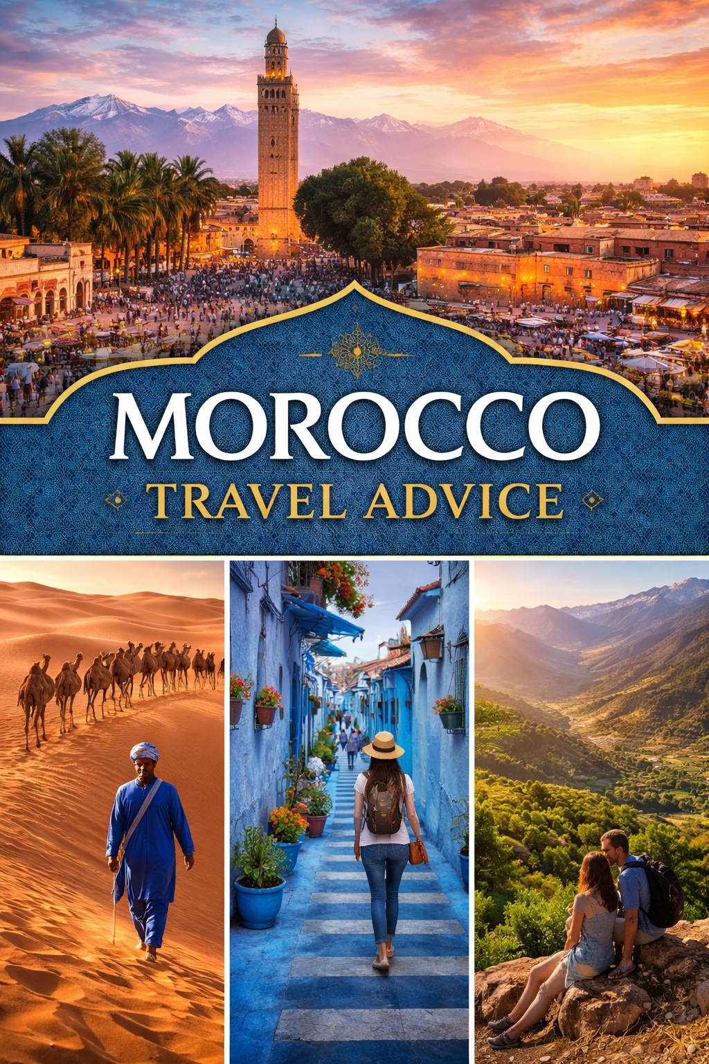 Morocco travel advice guide featuring Marrakech medina, Koutoubia Mosque, Sahara desert camel trekking, Chefchaouen blue streets, and Atlas Mountains landscape