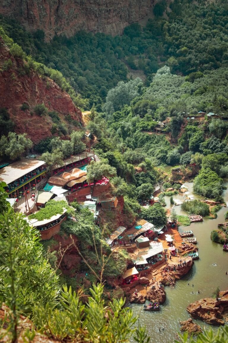 A captivating aerial view of Ouzoud village nestled in lush greenery.